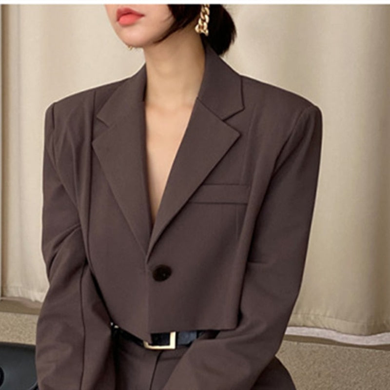 Office Lady Blazer Suits Vintage Two Piece Set Women Long Sleeve Short Blazer  High Waist Wide Leg Long Pants 2 Piece Outfits