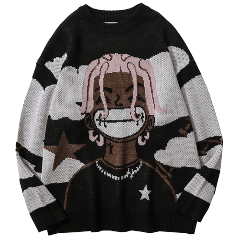 Harajuku vintage cartoon anime knitted sweater men winter men's rock hip hop rap pullover women jumper ugly sweater