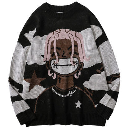 Harajuku vintage cartoon anime knitted sweater men winter men's rock hip hop rap pullover women jumper ugly sweater