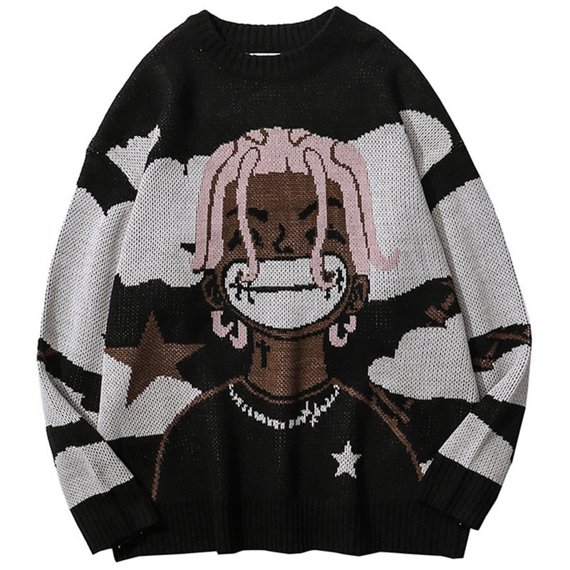 Harajuku vintage cartoon anime knitted sweater men winter men's rock hip hop rap pullover women jumper ugly sweater