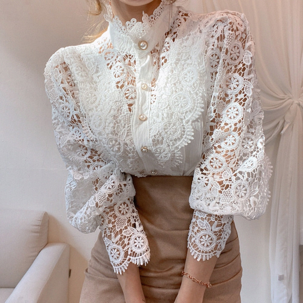 Lace Patchwork Hollow Out Shirt Blouse Long Sleeve O-Neck Mesh Tops 2023