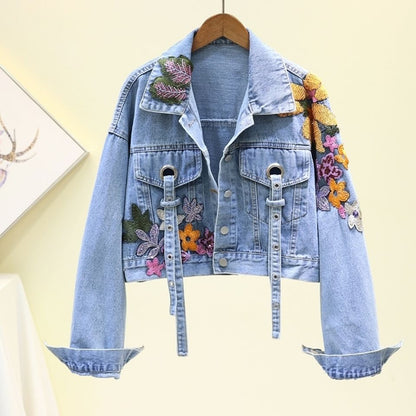 Women jeans Jacket feminine Spring Autumn Sequin Floral Embroidery Denim Jackets Coat Female Short Long Sleeve Outerwear femme