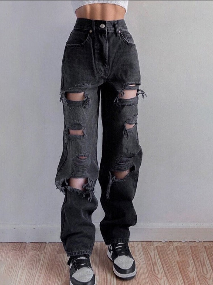 Trendy Streetwear Fashion Brown Blue Ripped Vintage Woman's Distressed Jeans High Waist Hole Hip Hop Straight Denim Trousers for Ladies