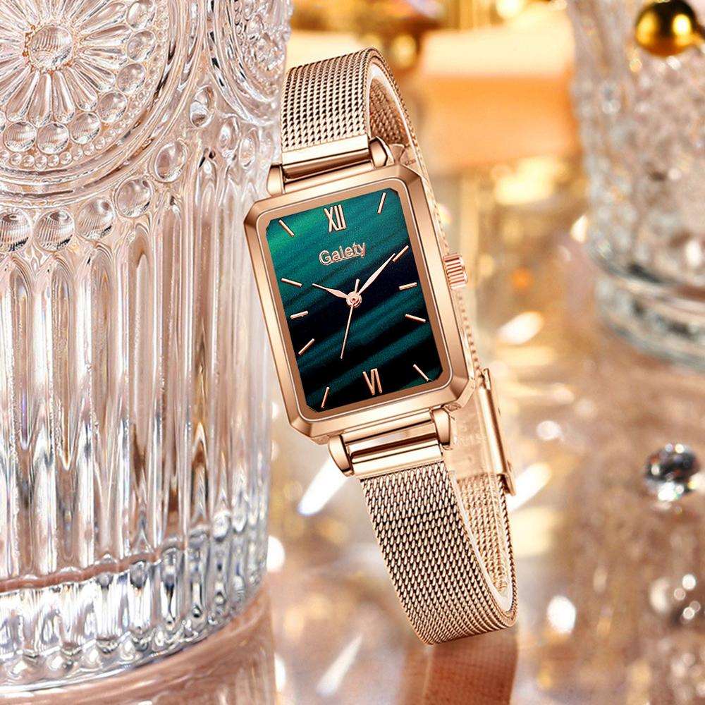 Brand Women Watches Fashion Square Ladies Quartz Watch Bracelet Set Green Dial Simple Rose Gold Mesh Luxury Women Watches