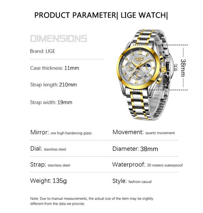 Steel LIGE 2023 New Fashion Women Luxury Watches