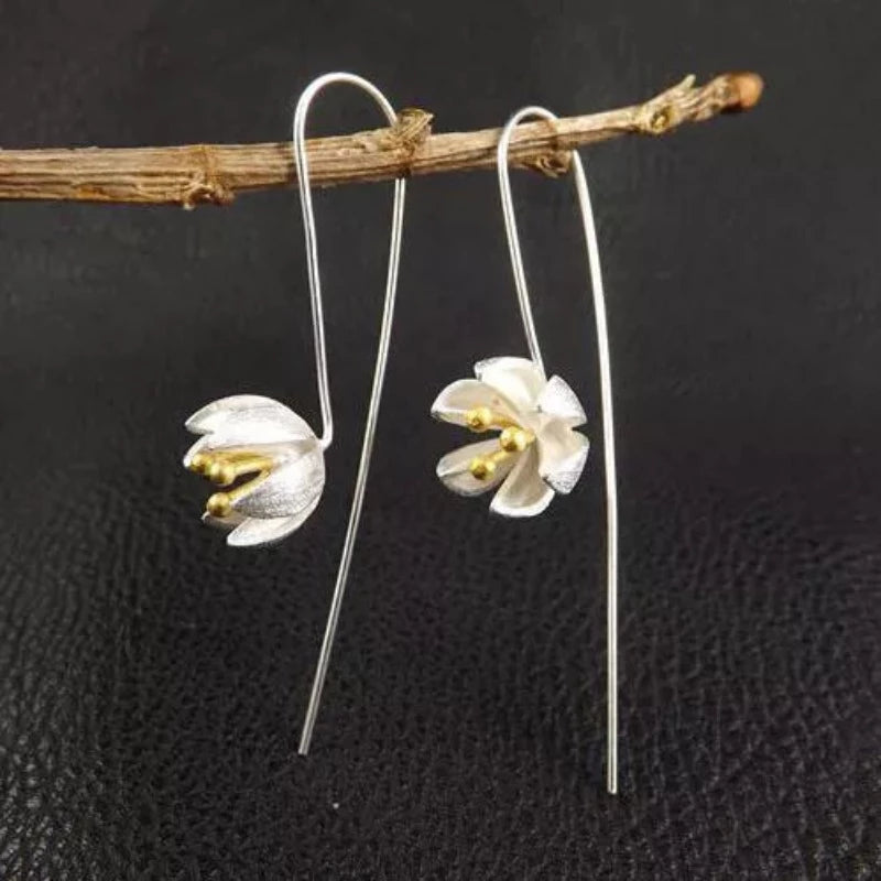 925 sterling silver Long Flower Earrings For Women Elegant Lady Prevent Allergy New Design Fashion Jewelry