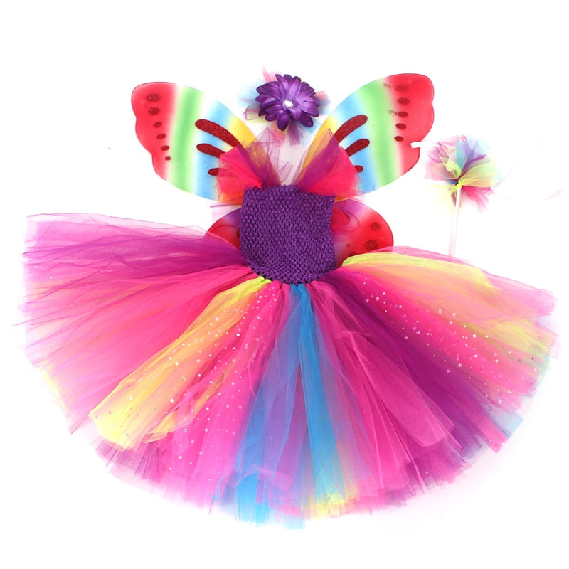 Girls Butterfly Fairy Fancy Tutu Dress Wings Costume Kids Princess Birthday Party