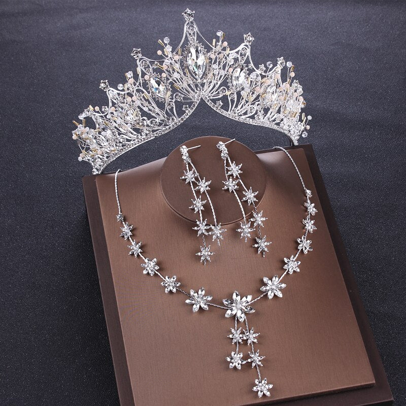 Luxury Heart Crystal Bridal Jewelry Sets Wedding Cubic Zircon Crown Tiaras Earring