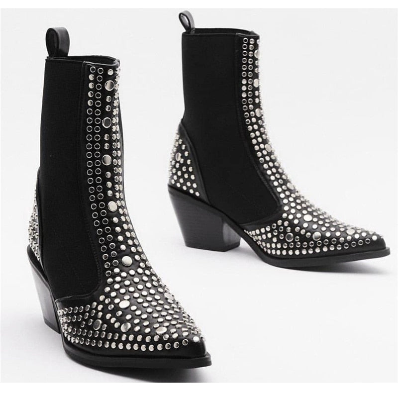 High Quality Square Heels Classic Fashion Rivets Elastic Ankle Boots Shoes Women Chelsea Boots