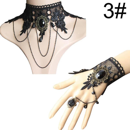 Gothic Harajuku Style Jewelry Set Vintage Lace Choker Necklace Ring Hand Bracelet Drop Earrings Set Jewelry Accessories Party Dress Up