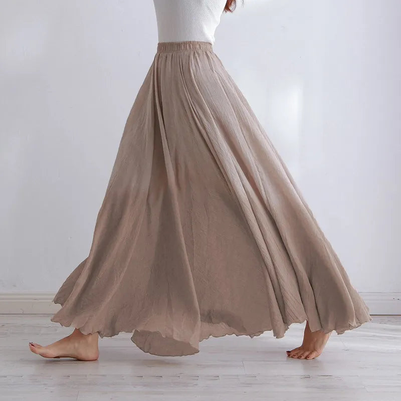 Boho Style Women's High-Waisted Elastic Casual Maxi Skirt in High-Quality Cotton Linen with Pleats - Beach-ready A-Line Skirt