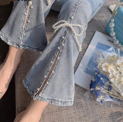 Spring Autumn Sweet High Waist Split Bow Denim Pants Women Elegant Chic Beading Bowknot Boot Cut Pants Girls Vintage Fairy Jeans