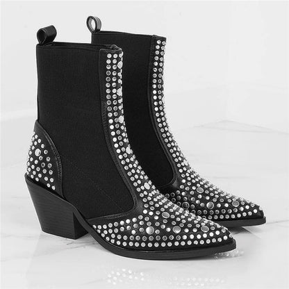 High Quality Square Heels Classic Fashion Rivets Elastic Ankle Boots Shoes Women Chelsea Boots