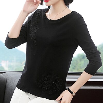 Long Sleeve Tops Ladies Tee Shirt with Dimond Detailing