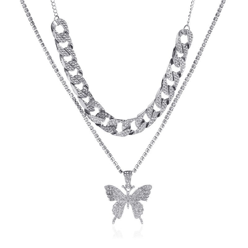 Punk Cuban Double Layer Big Butterfly Pendant Necklace