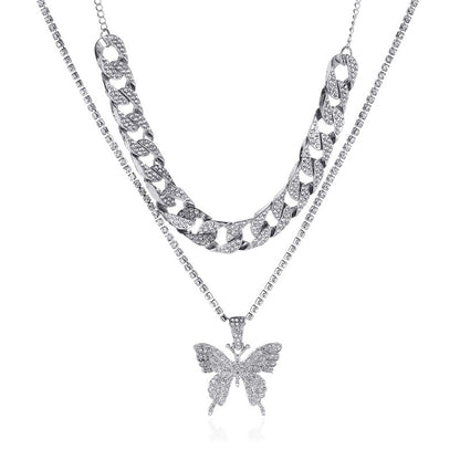 Punk Cuban Double Layer Big Butterfly Pendant Necklace