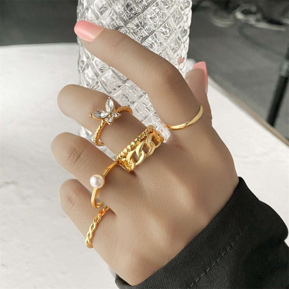 Bohemian Gold Color Chain Rings Set For Women Fashion Boho Coin Snake Moon Rings Party 2023 Trend Jewelry Gift