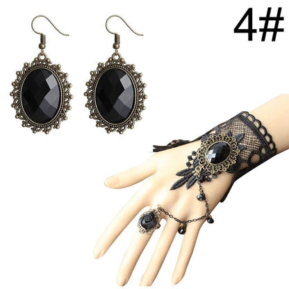 Gothic Harajuku Style Jewelry Set Vintage Lace Choker Necklace Ring Hand Bracelet Drop Earrings Set Jewelry Accessories Party Dress Up