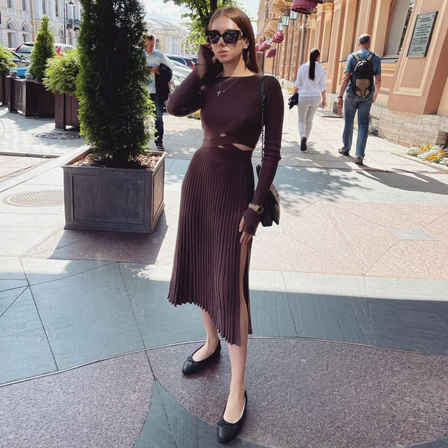 Sexy Round Neck Short-sleeved Knitted Tight Suit Pleated Skirt Female Autumn Slim High Slit Lace-up Pullover Suit Top Vestido