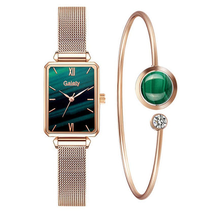 Brand Women Watches Fashion Square Dial Ladies Quartz Watches Bracelet Set Green Dial Simple Rose Gold Mesh Luxury Women Watches