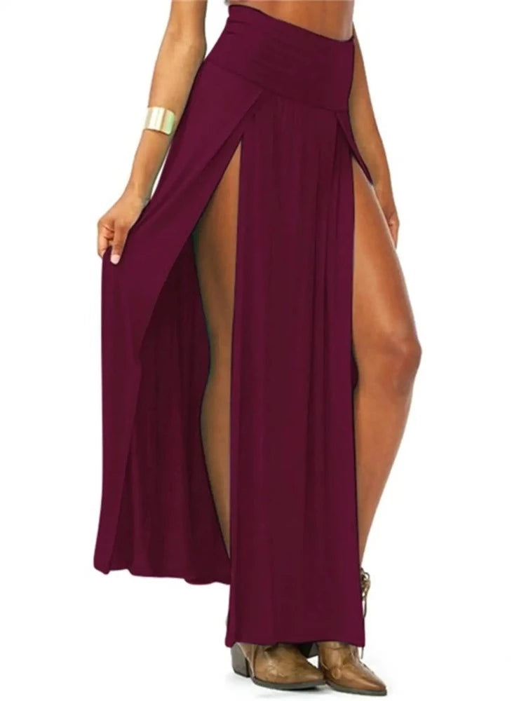 New Arrival High Waisted Sexy Womens Double Slits Summer Solid Long Maxi Skirt