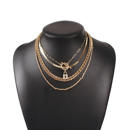 Enhance Your Style with the Glamorous Layered Crystal Lock Chain Necklace Set