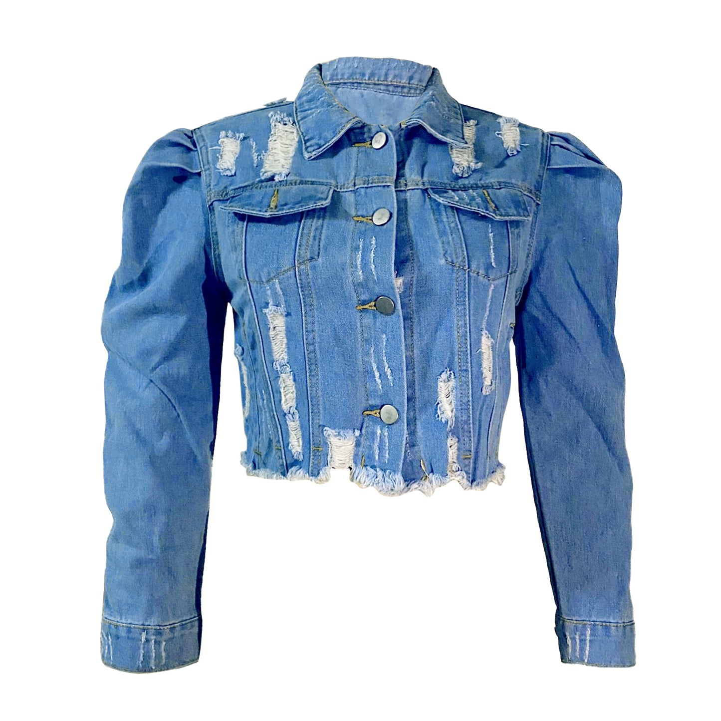 Women's Ripped Denim Jacket Casual Long Puff Sleeve Button Down Cropped Jean Coats for Fall