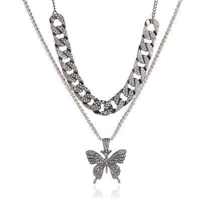 Punk Cuban Double Layer Big Butterfly Pendant Necklace