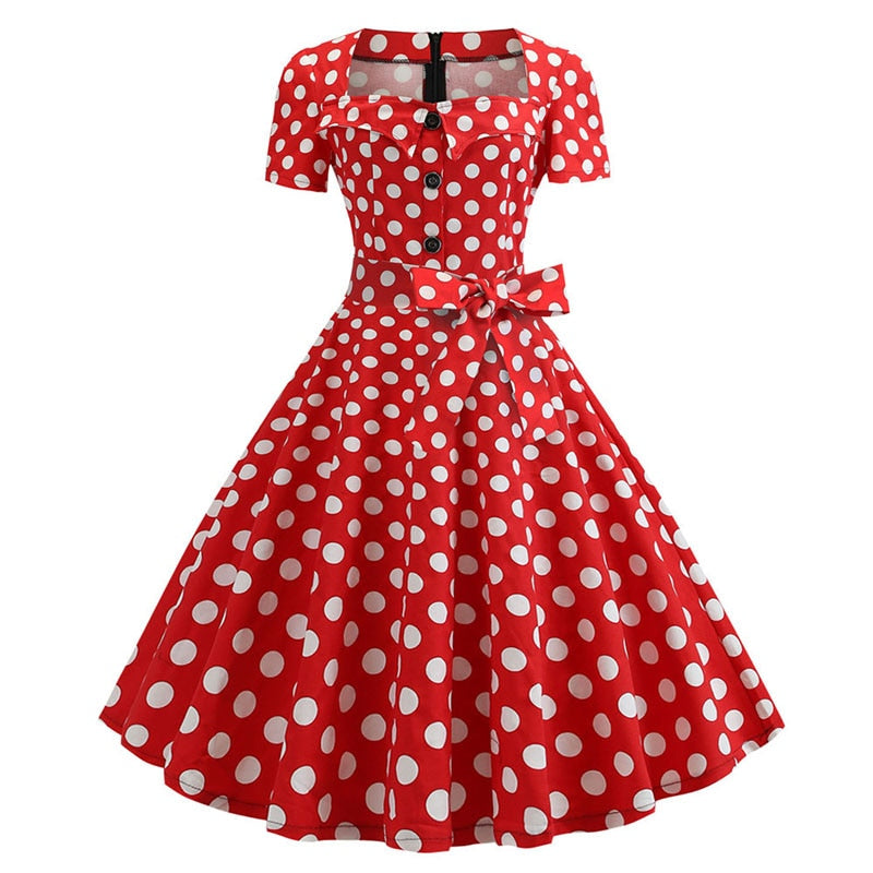 Women Square Collar Elegant Vintage Summer Dress Short Sleeve Rockabilly Pin Up Midi Dress Robe Femme Casual Office Party Dress