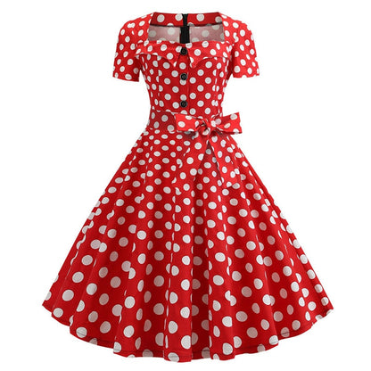 Women Square Collar Elegant Vintage Summer Dress Short Sleeve Rockabilly Pin Up Midi Dress Robe Femme Casual Office Party Dress