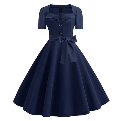 Women Square Collar Elegant Vintage Summer Dress Short Sleeve Rockabilly Pin Up Midi Dress Robe Femme Casual Office Party Dress