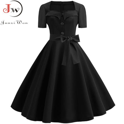 Women Square Collar Elegant Vintage Summer Dress Short Sleeve Rockabilly Pin Up Midi Dress Robe Femme Casual Office Party Dress