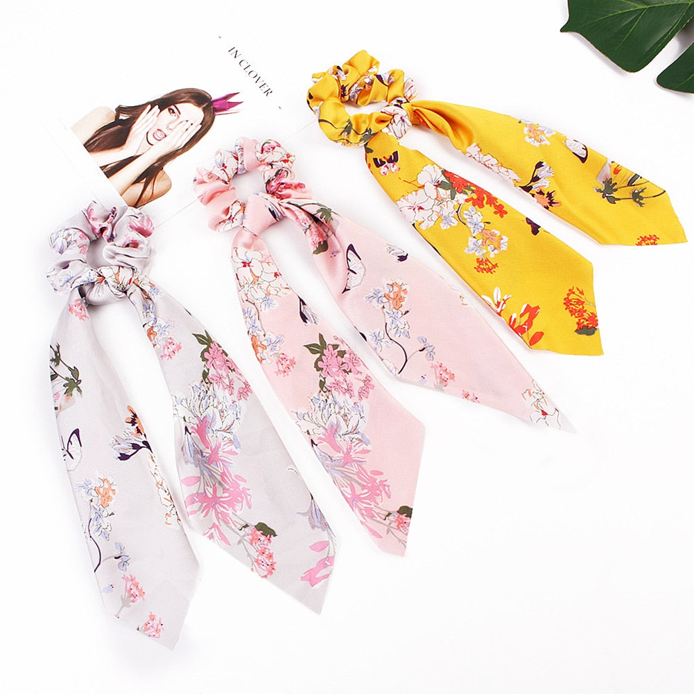 DIY Solid/Floral Print Bow Satin Long Ribbon Ponytail Scarf Hair Tie Scrunchies Women Girls Elastic Hair Bands Hair Accessories