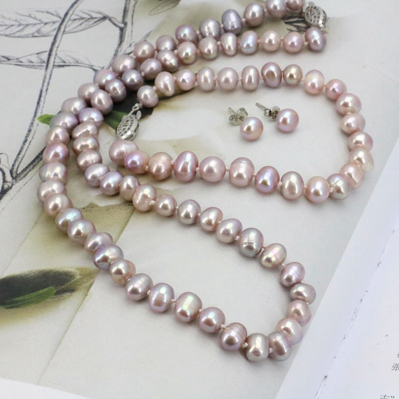 Purpel Pearl Necklace Sets Fish Clasp 7-8mm Necklace 18 Inch Bracelet 7.5 Inch Earring Women Jewelry Making Design