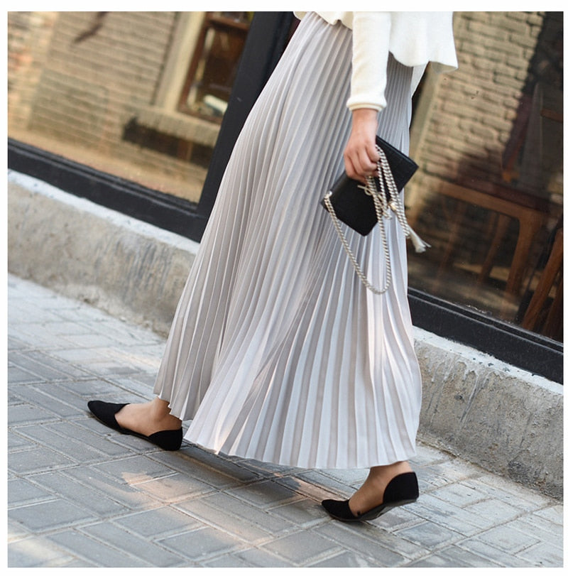 Womens Fashion Pleated Midi Long Skirt Female Korean Japanese Casual High Waist Skirts Jupe Faldas 10 Colors 2023 Spring SK295