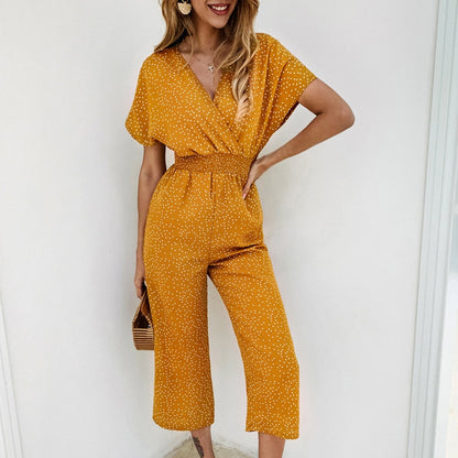 Women Jumpsuits Rompers Summer Casual Print V-neck Pocket Overalls Jumpsuit Short Sleeve Wide Leg Loose Jumpsuit