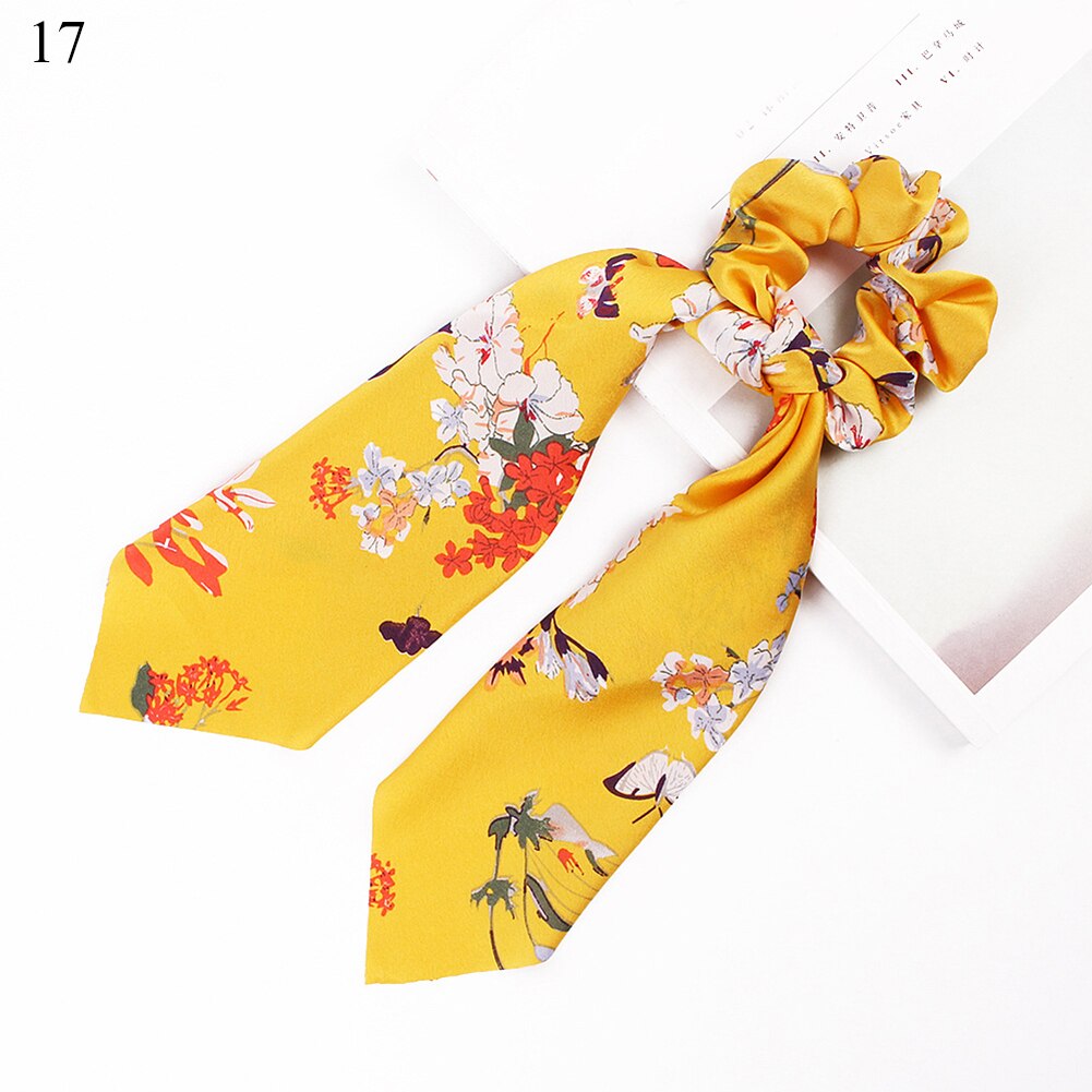 DIY Solid/Floral Print Bow Satin Long Ribbon Ponytail Scarf Hair Tie Scrunchies Women Girls Elastic Hair Bands Hair Accessories