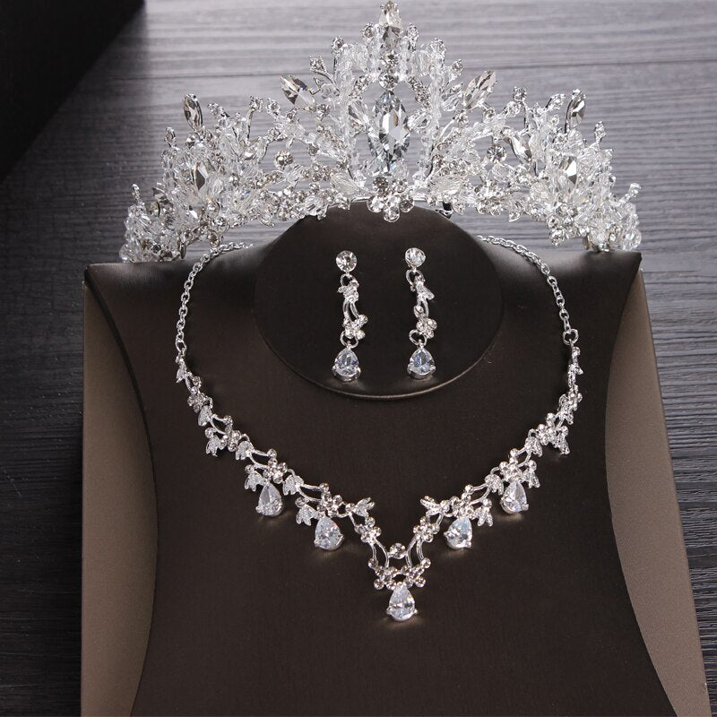 Luxury Heart Crystal Bridal Jewelry Sets Wedding Cubic Zircon Crown Tiaras Earring