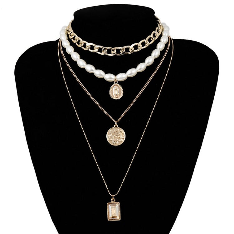 Punk Multi Layered Pearl Choker Necklace Mary Coin Crystal Pendant Necklace