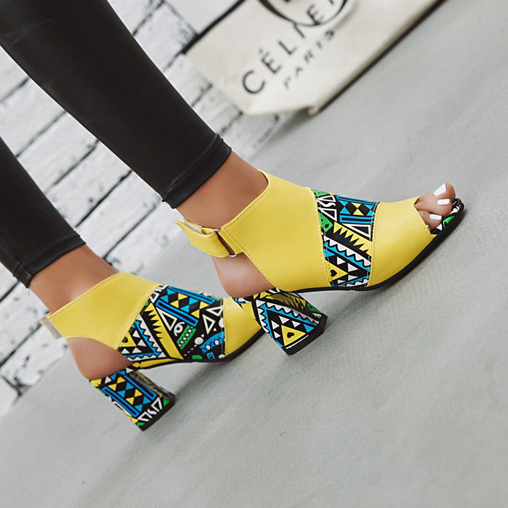 Women Stylish Print Sandals Boots Peep Toe Buckle Strap Summer High Heel Gladiator Shoes Woman Yellow Green sandalias mujer 2023