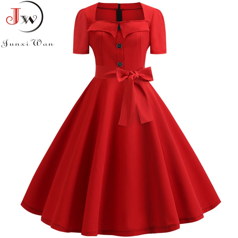 Women Square Collar Elegant Vintage Summer Dress Short Sleeve Rockabilly Pin Up Midi Dress Robe Femme Casual Office Party Dress