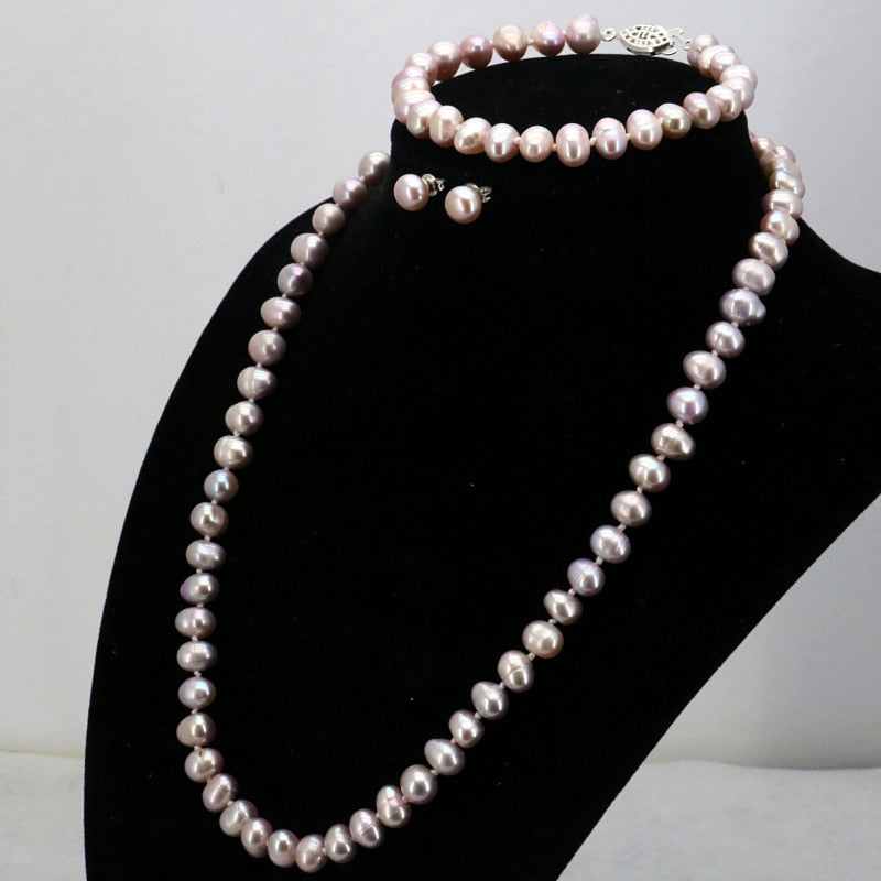 Purpel Pearl Necklace Sets Fish Clasp 7-8mm Necklace 18 Inch Bracelet 7.5 Inch Earring Women Jewelry Making Design