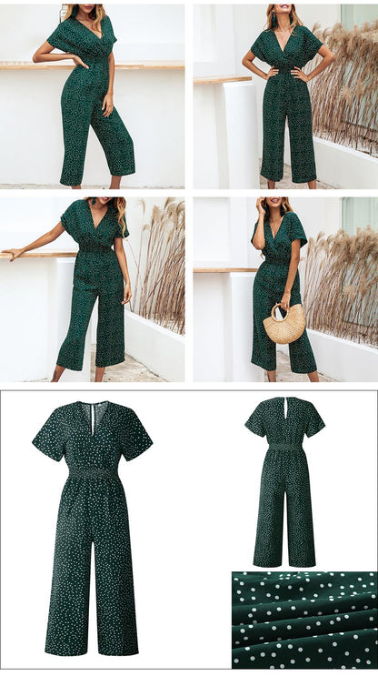 Women Jumpsuits Rompers Summer Casual Print V-neck Pocket Overalls Jumpsuit Short Sleeve Wide Leg Loose Jumpsuit