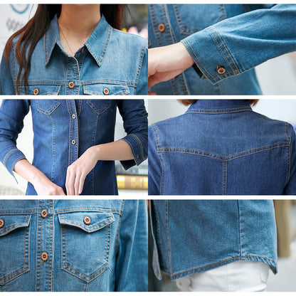 Jeans Shirt women Long Sleeve Slim Casual Vintage Elastic Ladies Denim Shirts Tops Blusas Feminina Woman Blouses and Tops 2023