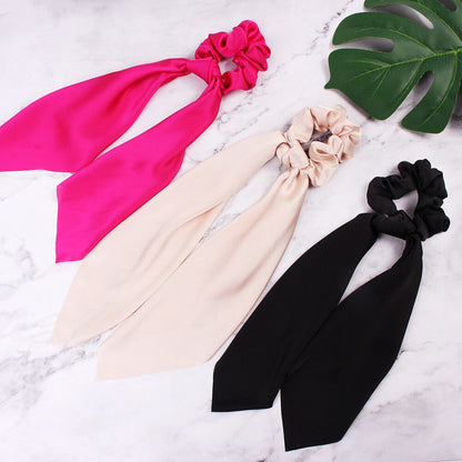 DIY Solid/Floral Print Bow Satin Long Ribbon Ponytail Scarf Hair Tie Scrunchies Women Girls Elastic Hair Bands Hair Accessories