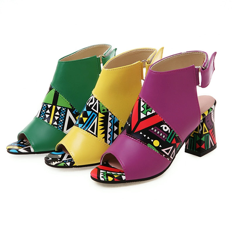 Women Stylish Print Sandals Boots Peep Toe Buckle Strap Summer High Heel Gladiator Shoes Woman Yellow Green sandalias mujer 2023