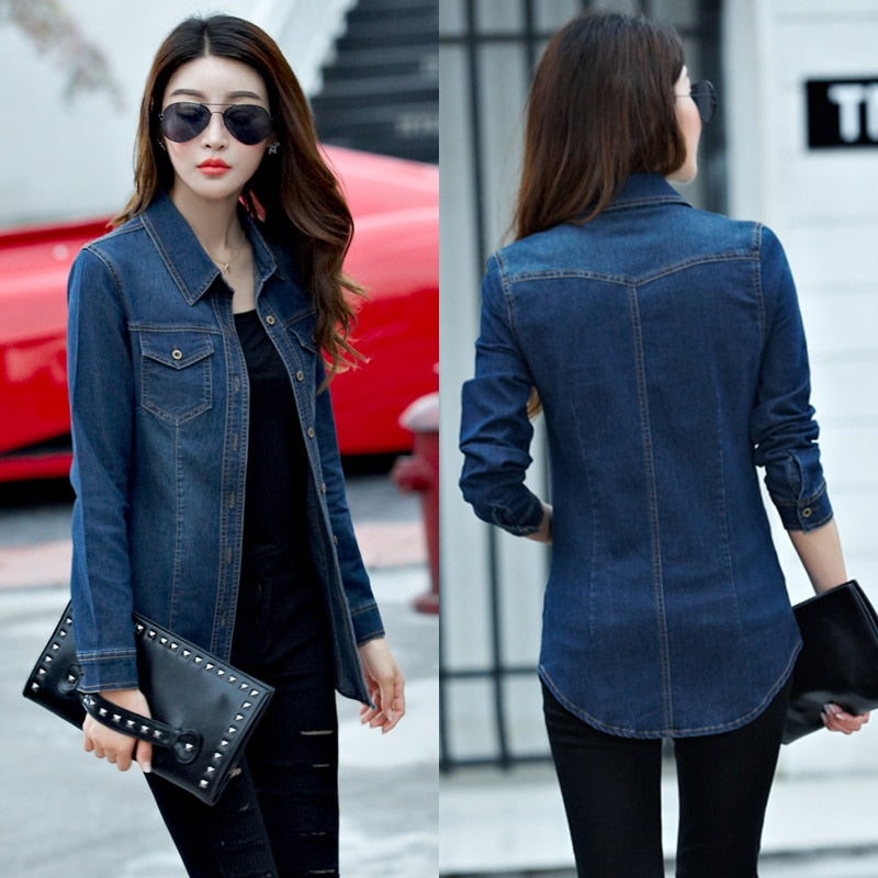 Jeans Shirt women Long Sleeve Slim Casual Vintage Elastic Ladies Denim Shirts Tops Blusas Feminina Woman Blouses and Tops 2023