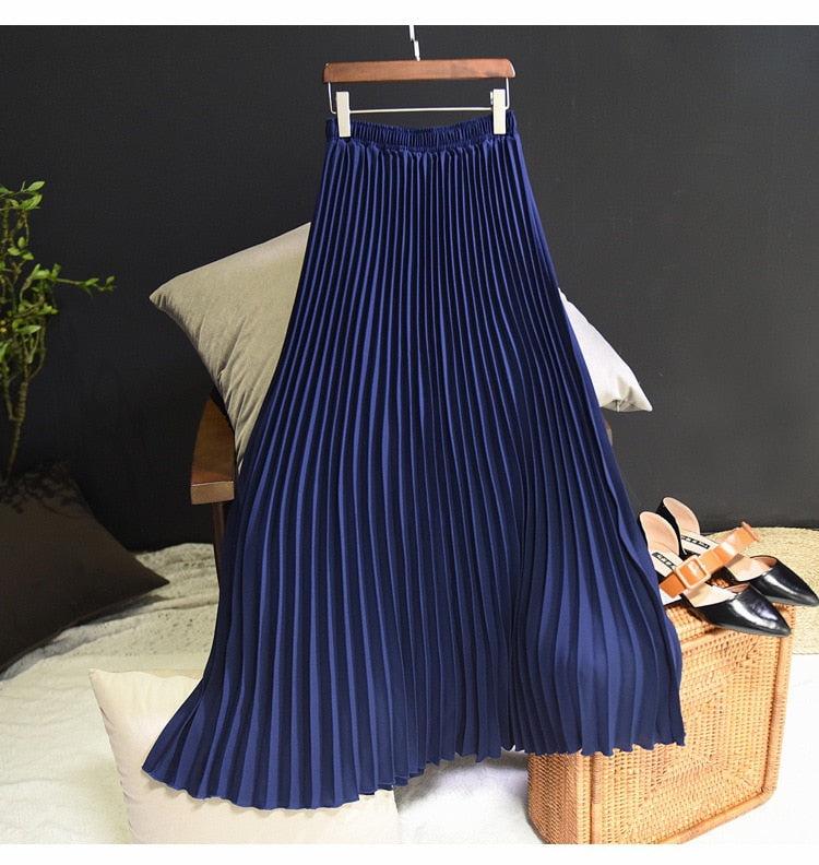 Womens Fashion Pleated Midi Long Skirt Female Korean Japanese Casual High Waist Skirts Jupe Faldas 10 Colors 2023 Spring SK295