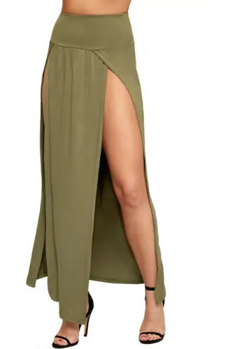 New Arrival High Waisted Sexy Womens Double Slits Summer Solid Long Maxi Skirt