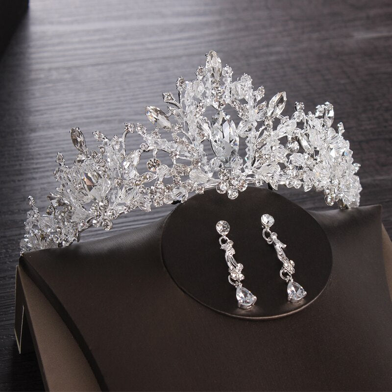 Luxury Heart Crystal Bridal Jewelry Sets Wedding Cubic Zircon Crown Tiaras Earring